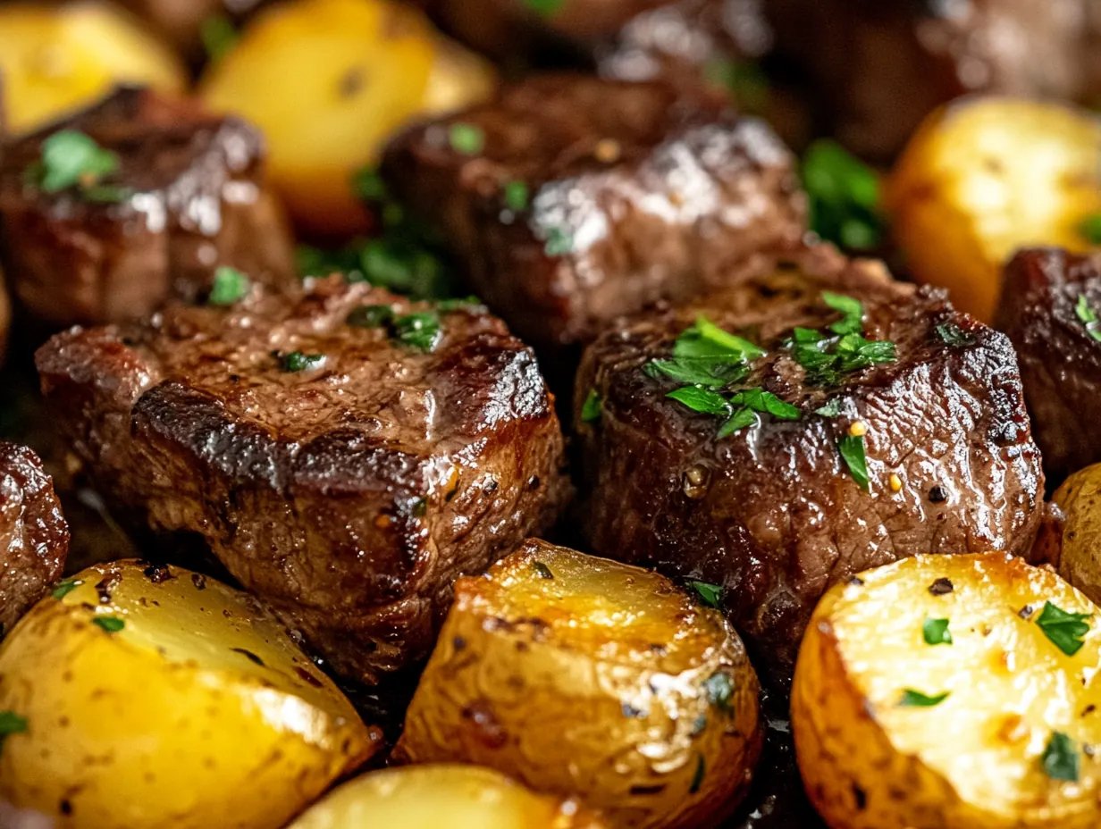 Sizzle & Serve: Easy Garlic Steak Bites and Potatoes Dinner