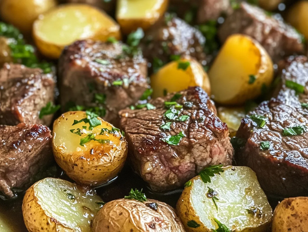 Sizzle & Serve: Easy Garlic Steak Bites and Potatoes Dinner finished dish